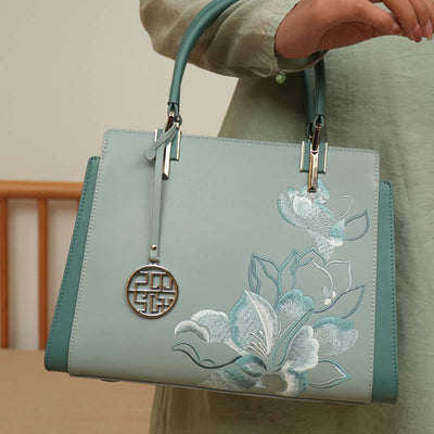 Genuine Leather Magnolia Flower Embroidery Tote Handbag