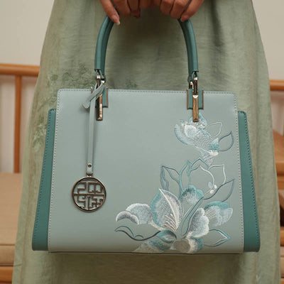 Genuine Leather Magnolia Flower Embroidery Tote Handbag