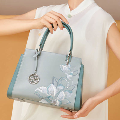 Genuine Leather Magnolia Flower Embroidery Tote Handbag