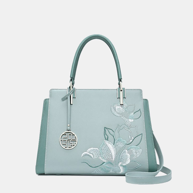 Genuine Leather Magnolia Flower Embroidery Tote Handbag