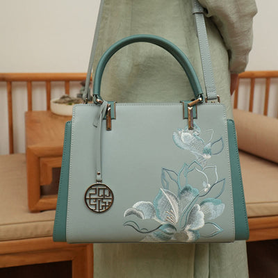 Genuine Leather Magnolia Flower Embroidery Tote Handbag