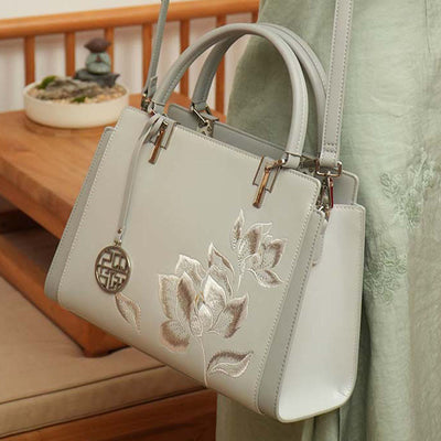 Genuine Leather Magnolia Flower Embroidery Tote Handbag