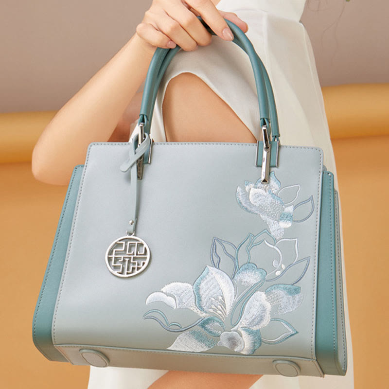 Genuine Leather Magnolia Flower Embroidery Tote Handbag