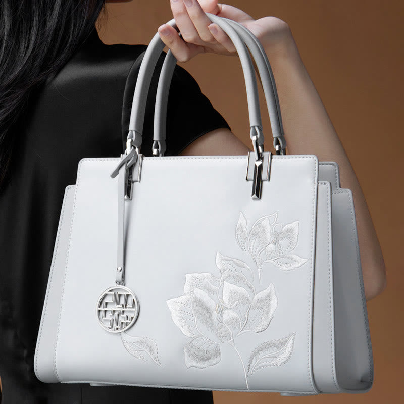 Genuine Leather Magnolia Flower Embroidery Tote Handbag