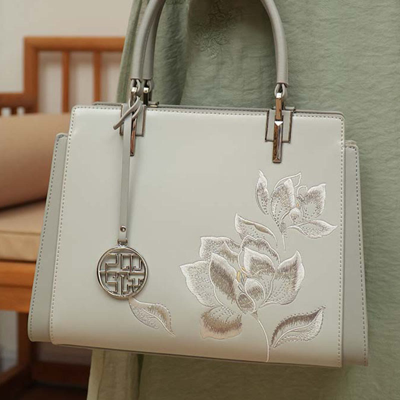 Genuine Leather Magnolia Flower Embroidery Tote Handbag