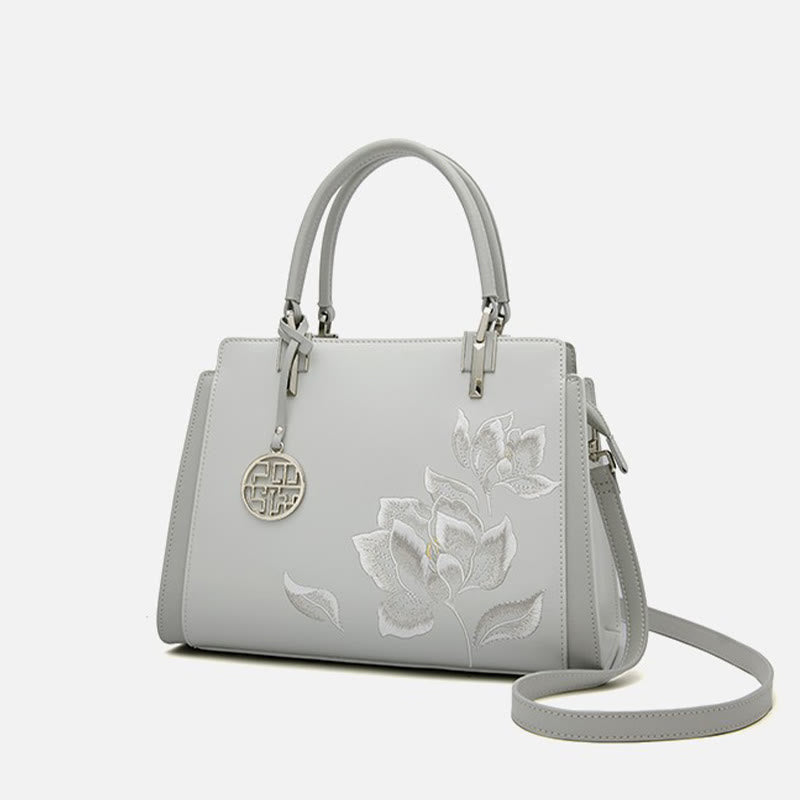 Genuine Leather Magnolia Flower Embroidery Tote Handbag