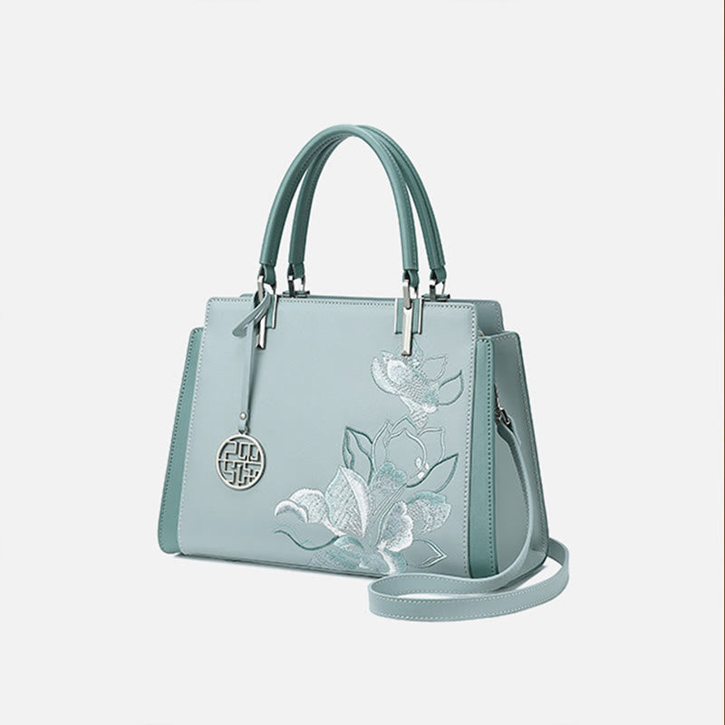 Genuine Leather Magnolia Flower Embroidery Tote Handbag