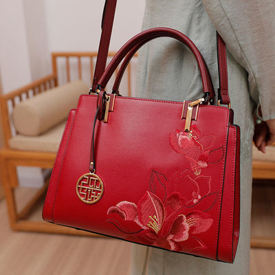 Genuine Leather Magnolia Flower Embroidery Tote Handbag