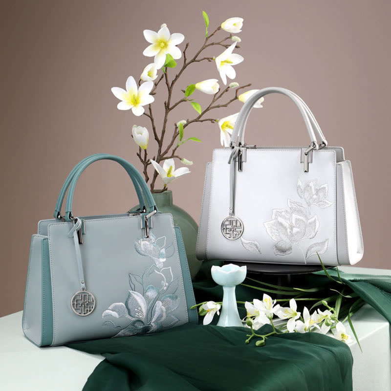 Genuine Leather Magnolia Flower Embroidery Tote Handbag