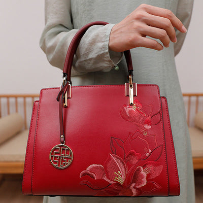 Genuine Leather Magnolia Flower Embroidery Tote Handbag