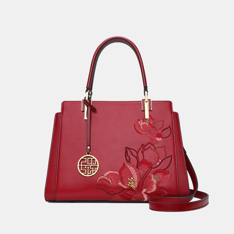 Genuine Leather Magnolia Flower Embroidery Tote Handbag