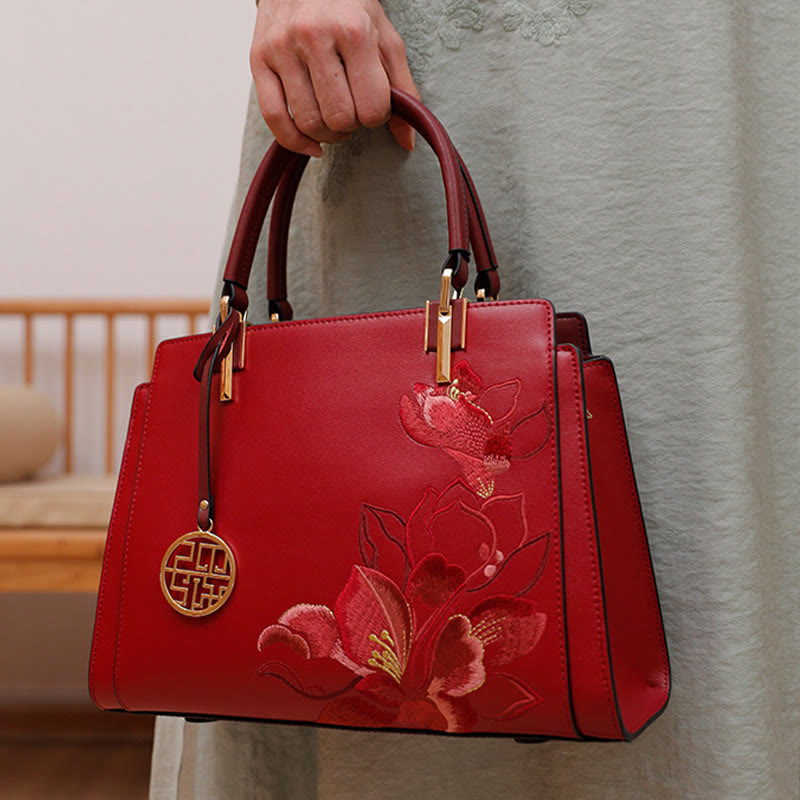 Genuine Leather Magnolia Flower Embroidery Tote Handbag