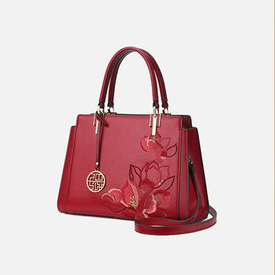 Genuine Leather Magnolia Flower Embroidery Tote Handbag