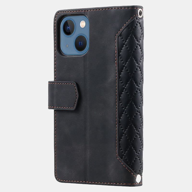 Faux Leather Quilted Phone Wallet Case for iPhone with Crossbody Strap