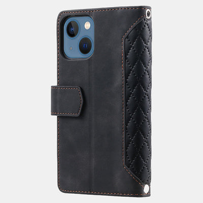 Faux Leather Quilted Phone Wallet Case for iPhone with Crossbody Strap