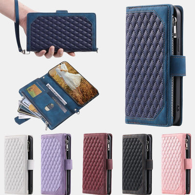 Faux Leather Quilted Phone Wallet Case for iPhone with Crossbody Strap