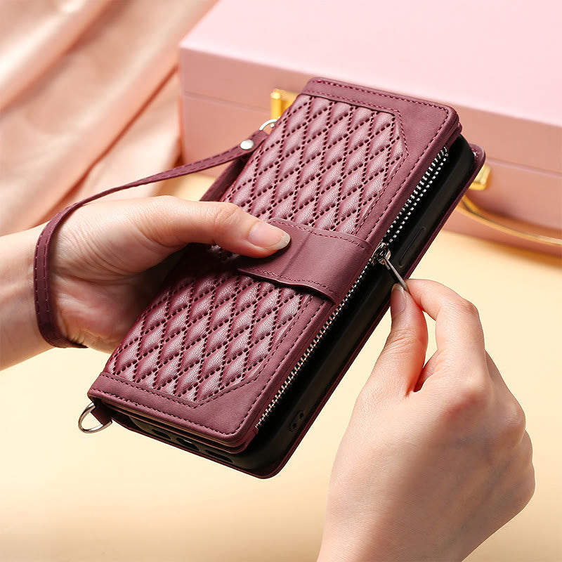 Faux Leather Quilted Phone Wallet Case for iPhone with Crossbody Strap