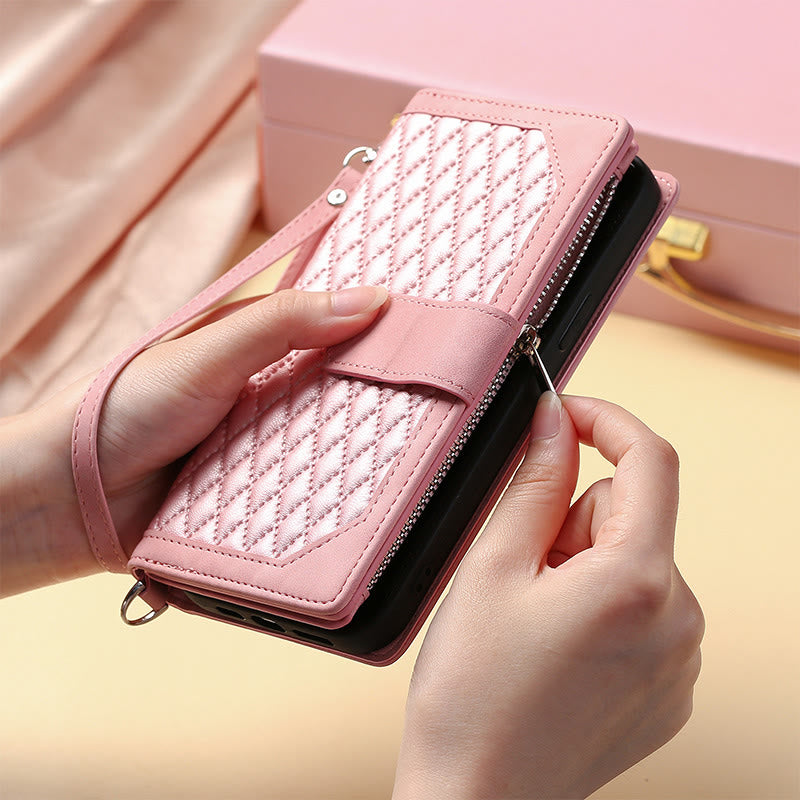 Faux Leather Quilted Phone Wallet Case for iPhone with Crossbody Strap