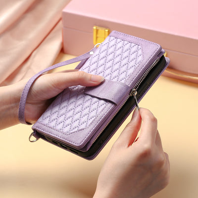 Faux Leather Quilted Phone Wallet Case for iPhone with Crossbody Strap