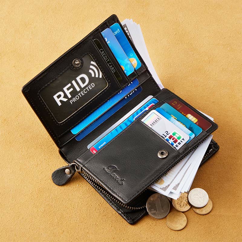 Retro RFID Blocking Bifold Leather Wallet for Men with Zipper Pocket