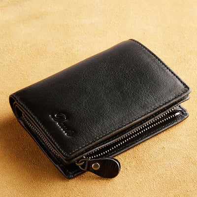 Retro RFID Blocking Bifold Leather Wallet for Men with Zipper Pocket