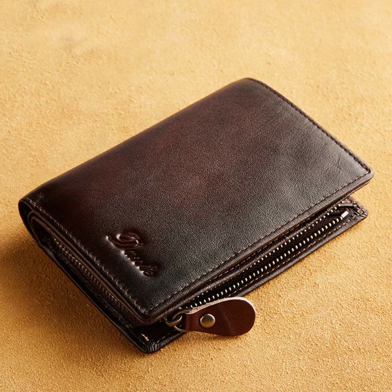 Retro RFID Blocking Bifold Leather Wallet for Men with Zipper Pocket