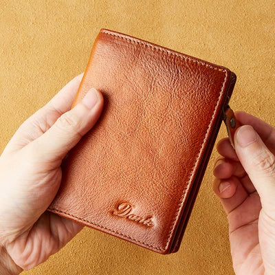 Retro RFID Blocking Bifold Leather Wallet for Men with Zipper Pocket