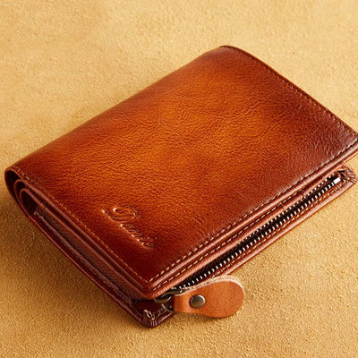 Retro RFID Blocking Bifold Leather Wallet for Men with Zipper Pocket