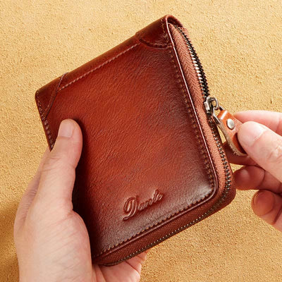 Retro Zip Around RFID Blocking Leather Trifold Wallet