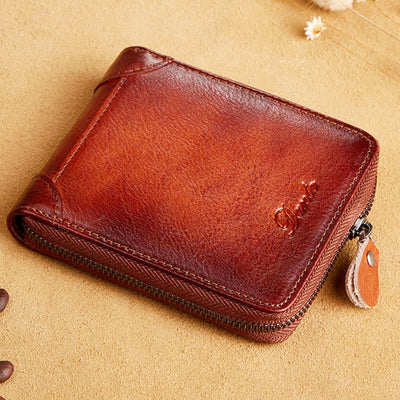 Retro Zip Around RFID Blocking Leather Trifold Wallet