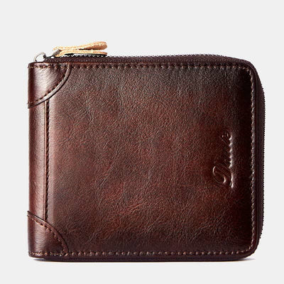 Retro Zip Around RFID Blocking Leather Trifold Wallet