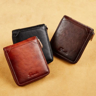 Retro Zip Around RFID Blocking Leather Trifold Wallet