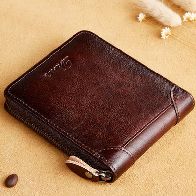 Retro Zip Around RFID Blocking Leather Trifold Wallet