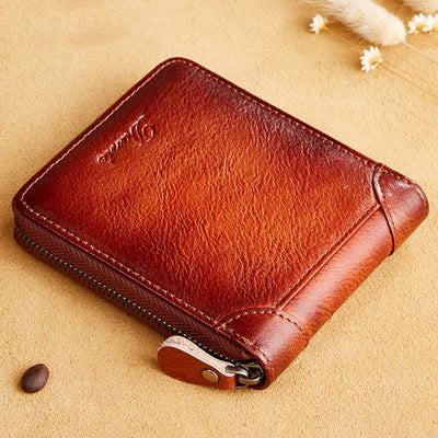 Retro Zip Around RFID Blocking Leather Trifold Wallet