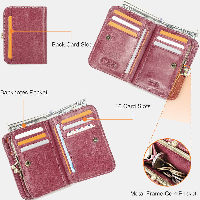 RFID Blocking Leather Trifold Wallet with Kiss-Locked Coin Pocket