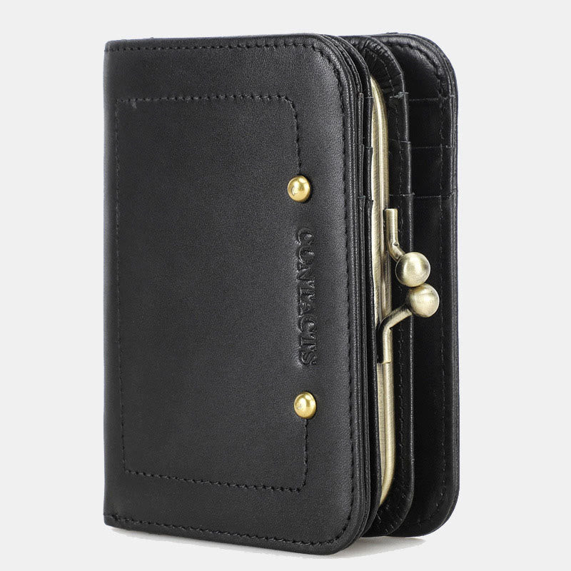 RFID Blocking Leather Trifold Wallet with Kiss-Locked Coin Pocket