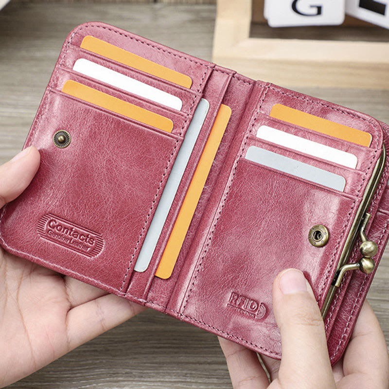 RFID Blocking Leather Trifold Wallet with Kiss-Locked Coin Pocket