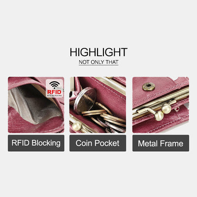 RFID Blocking Leather Trifold Wallet with Kiss-Locked Coin Pocket