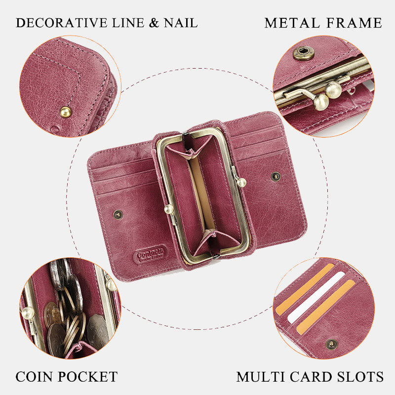 RFID Blocking Leather Trifold Wallet with Kiss-Locked Coin Pocket