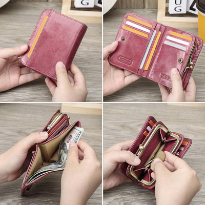 RFID Blocking Leather Trifold Wallet with Kiss-Locked Coin Pocket