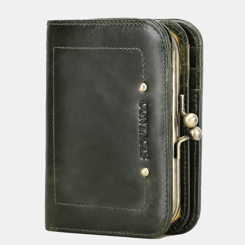 RFID Blocking Leather Trifold Wallet with Kiss-Locked Coin Pocket