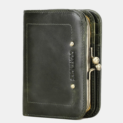 RFID Blocking Leather Trifold Wallet with Kiss-Locked Coin Pocket