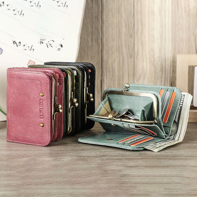 RFID Blocking Leather Trifold Wallet with Kiss-Locked Coin Pocket