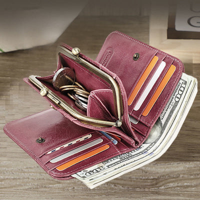 RFID Blocking Leather Trifold Wallet with Kiss-Locked Coin Pocket