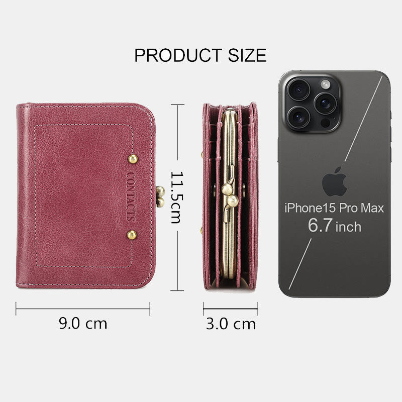 RFID Blocking Leather Trifold Wallet with Kiss-Locked Coin Pocket