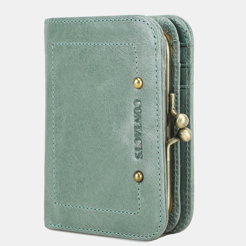 RFID Blocking Leather Trifold Wallet with Kiss-Locked Coin Pocket