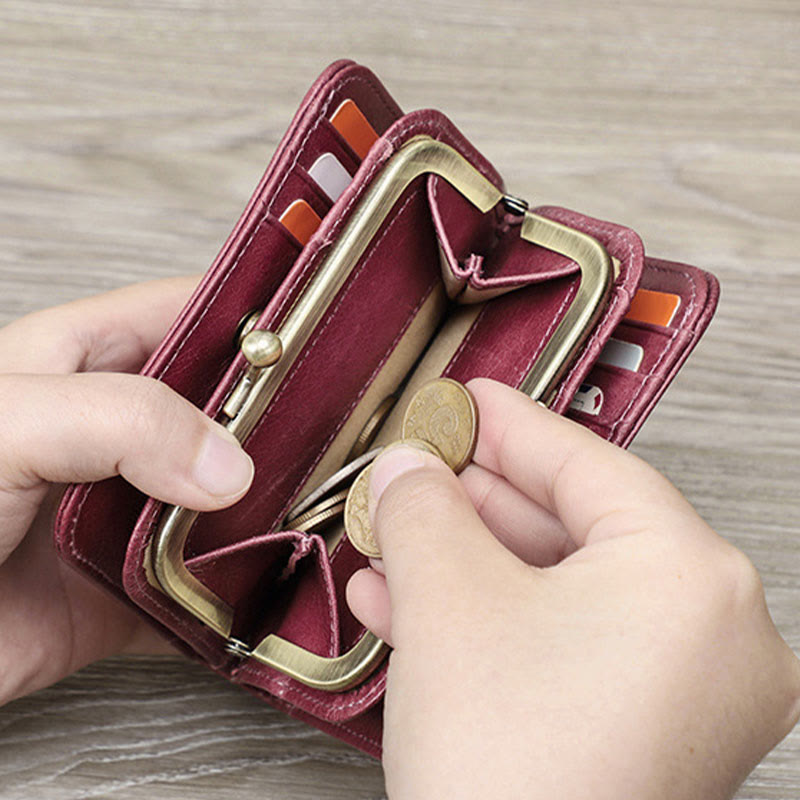 RFID Blocking Leather Trifold Wallet with Kiss-Locked Coin Pocket