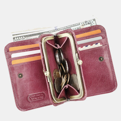 RFID Blocking Leather Trifold Wallet with Kiss-Locked Coin Pocket