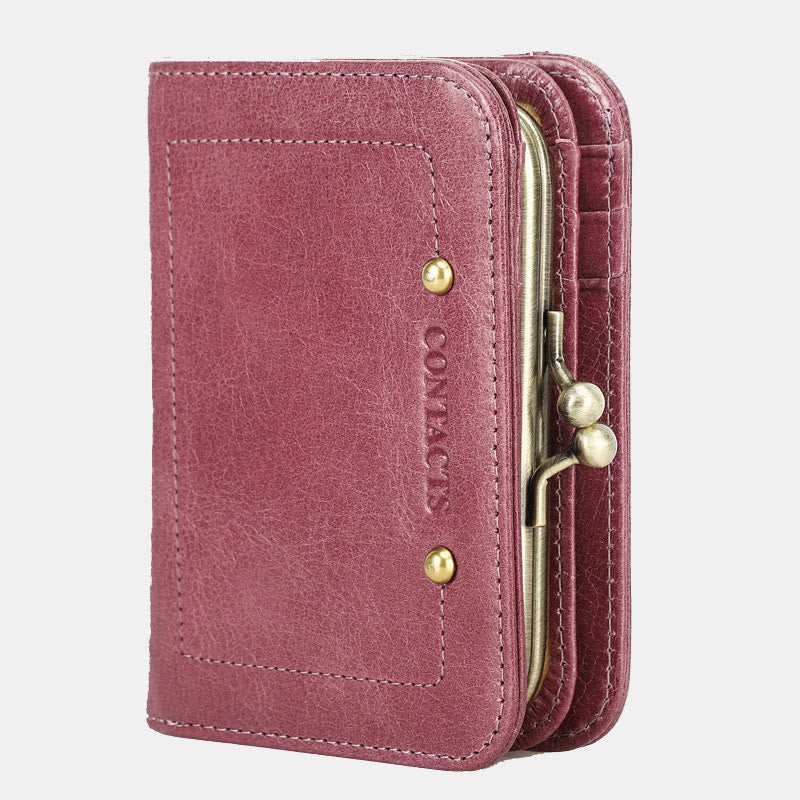 RFID Blocking Leather Trifold Wallet with Kiss-Locked Coin Pocket