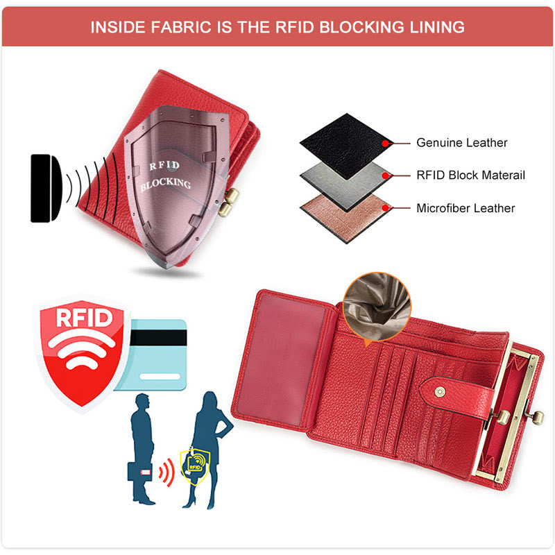 RFID Blocking Lychee Textured Trifold Real Leather Wallet